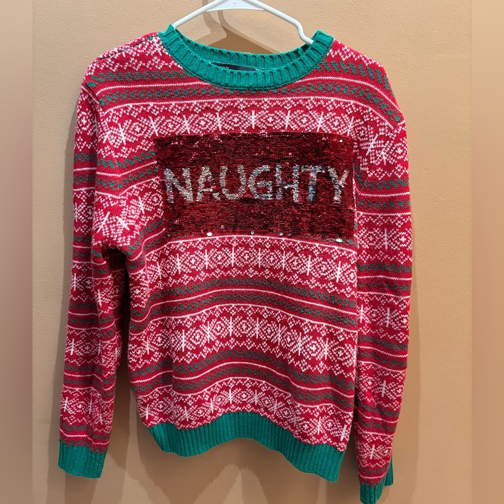 33 Degrees Naughty or Nice Changeable Sequin Ugly Christmas Holiday Sweater M